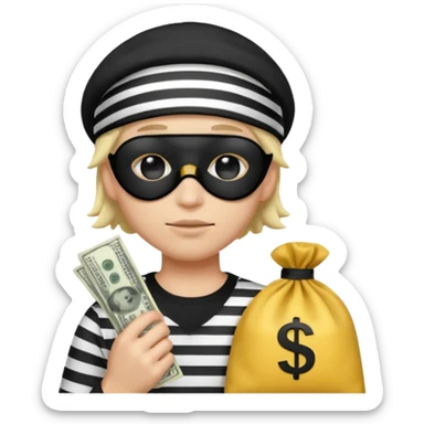 Realistic ios emoji-style portrait of a classic burglar, a black eye mask and a black-and-white striped shirt. emoji-like hair, black hat, a bag of money 💰 with a dollar sign in a right corner, mean expression  sticker