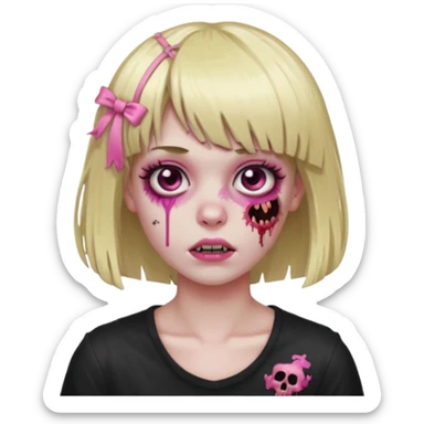 Zombie girl with blonde hair, bangs, and a pink strand on the left side of the hair, which is also half of the bangs fringe  sticker