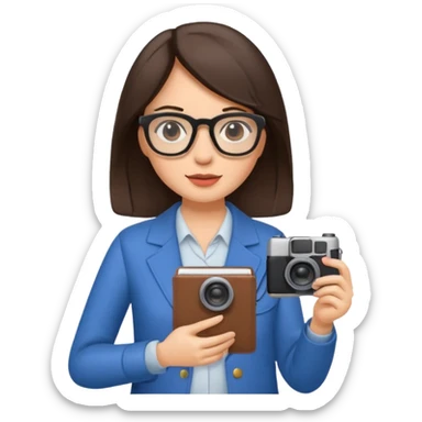 journalist brunette woman with glasses holding camera and notebook sticker