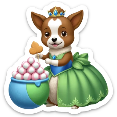 A blue leaf in a green ball gown eating marshmallows on top of a dog sticker