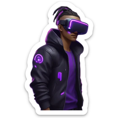 Cyberpunk style. Violet neon. man with white-light skin in the black hoody with violet OMG VR logo on it wearing vr headset oculus quest 2 sticker