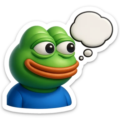 make a pepe in bright green smiling with thought bubble looking at right side in 3d style, good highlights and shadows, drop shadows sticker