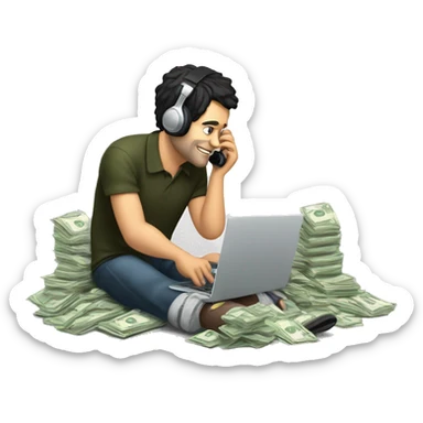 a tired white man with black hair is sitting at a laptop and talking on the phone, there is a bundle of money next to him, headphones on his head


 sticker