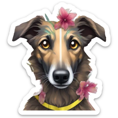  brindle brown black maroon striped lurcher Alsatian fox running blue eyes and iridescent holographic oilslick harness wearing paper iridescent tropical flower crown yellow caution tape sticker