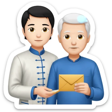 a young student with morden T-shirt and black hair, who is handing letter to a old man official with white hair chinese tunic suit sticker