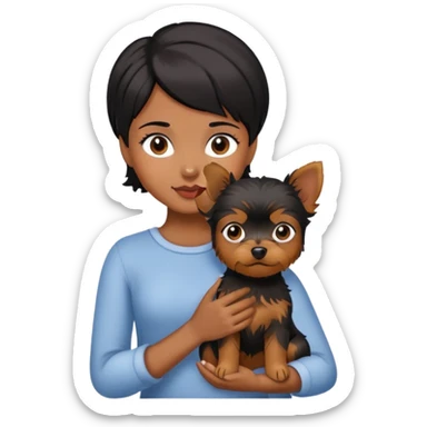 A black short-haired girl holding a Yorkshire Terrier sticker