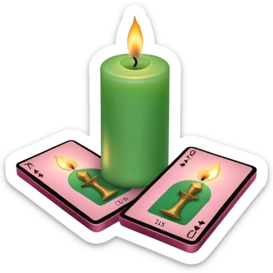 A green and pink deck of tarot cards and a one candle nearby sticker