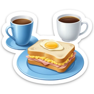 a blue breakfast plate, a sandwich with ham and scrambled eggs and a cup of white coffee sticker