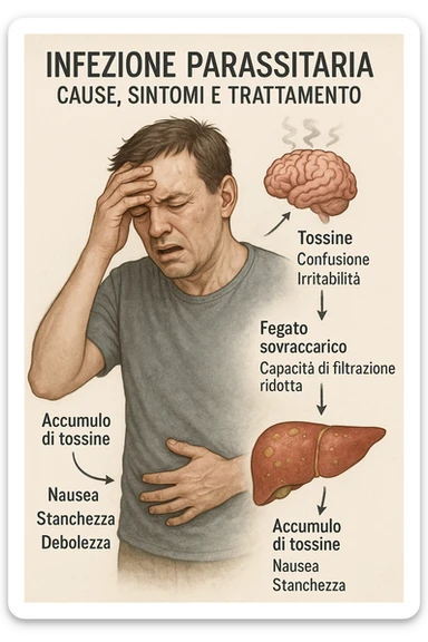 "Man feeling increasingly unwell as his liver fails to filter toxins, nausea, tiredness, and weakness overwhelming him as toxins infiltrate his brain causing confusion and irritability Parasitic Infection: Causes, Symptoms & Treatment, expression of mental fog and physical exhaustion, liver shown as overworked organ with reduced filtration capacity, toxic buildup affecting entire body systems" in italiano sticker