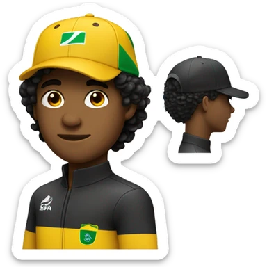 young guy with small wavy hair brazilian race suit with side profile and hat without smile sticker