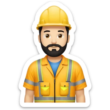 Man in yellow hi vis overalls, with black hair and full beard and no hat sticker