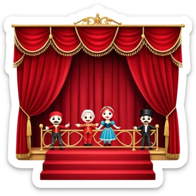 Icon for Puppet Theater: a puppet stage with curtains and marionettes performing on stage. The icon should represent the charm and artistry of puppet theater, with focus on the puppet and the stage setting. Transparent background. sticker