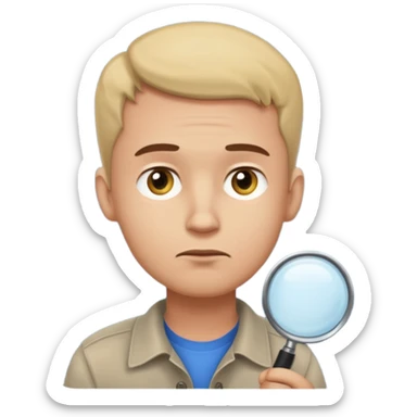 Realistic emoji-style man in simple everyday clothes, looking thoughtful and analytical. A thought bubble above his head shows a critical-thinking icon (question mark + magnifying glass). Soft lighting, expressive critical facial expression. sticker
