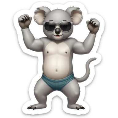 anthropomorphised koala, full body, casual clothing, dark sunglasses, flexing muscles, different pose sticker