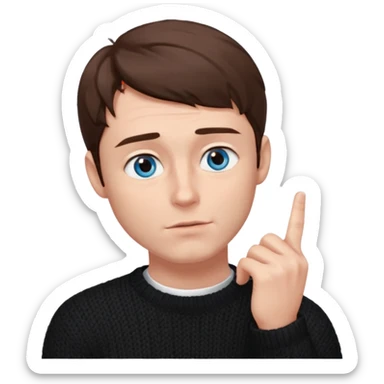man in black knitted sweater in thinking pose, blue eyes brown hair, index finger touching his chin, eyes looking up to the top right sticker