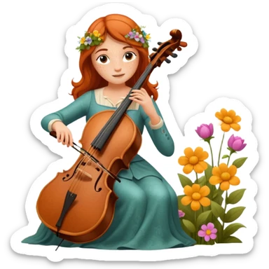 nature bard woman with freckles playing wooden cello among flowers sticker