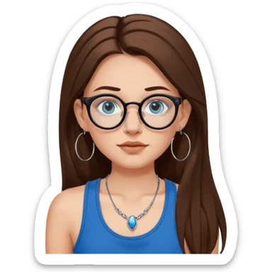 White girl with long brown hair, part going more to the RIGHT side, BLUE eyes, wearing BLACK plastic frame glasses. SEPTUM nose piercing hoop (at bottom of nose) AND stud nose piercing on right side of nose. Wearing BLACK tank top. Wearing big hoop earrings. No necklace! sticker