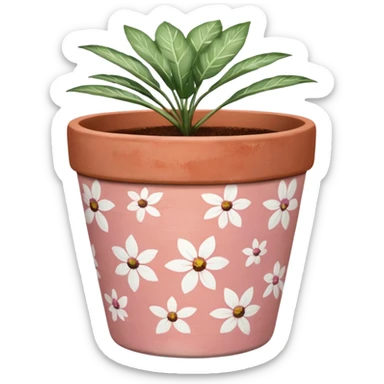 plant pot in terra cota with white and pink flowers print painted on the pot  sticker