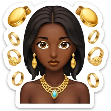 Chocolate skin women with black shoulder length locks, eyelashes and a lot of gold jewellery  sticker