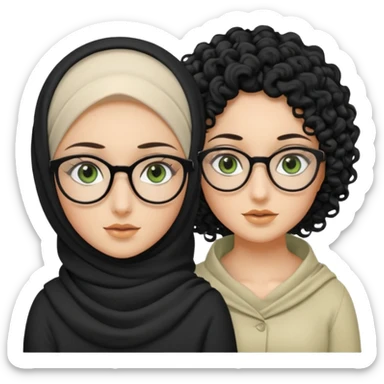 White hijabi girl with black eyes and black long hair white girl and black eyes wearing glasses and a white skin girl with curly honey hair and green eyes sticker