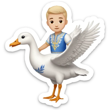 A boy in a Ukrainian white embroidered shirt flies on a white goose sticker
