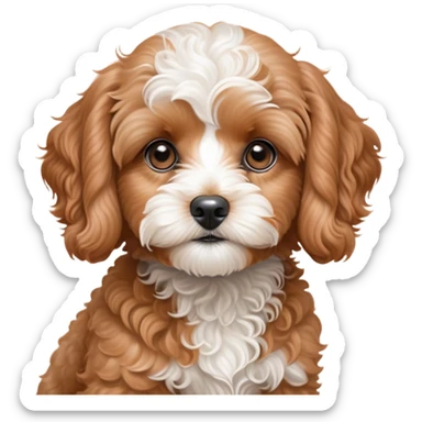 Cinematic Noble Apricot Cavoodle Portrait Emoji, Poised and regal, with a compact, cuddly build and a soft, curly apricot coat accented by gentle white markings, deep-set soulful brown eyes, Simplified yet sharp and sophisticated features, highly detailed, glowing with a soft, dignified glow, high shine, intelligent and affectionate, stylized with an air of elegance, focused and attentive, soft glowing outline, capturing the essence of a watchful and confident companion, so majestic it feels as though it could step out of the screen with effortless authority! sticker