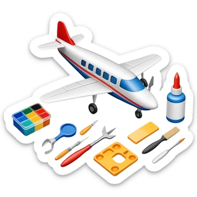 photorealistic icon featuring model-building tools like glue, paint, paintbrushes, pieces of a plastic model airplane in the process of being assembled. The design includes detailed textures of the model pieces and tools, capturing the focus and creativity of model building. Transparent background. sticker