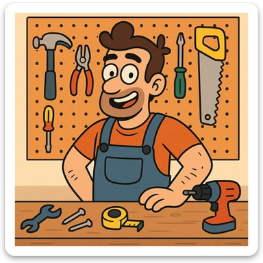 cartoon-style workshop with colorful tools and a pegboard, vibrant and playful sticker