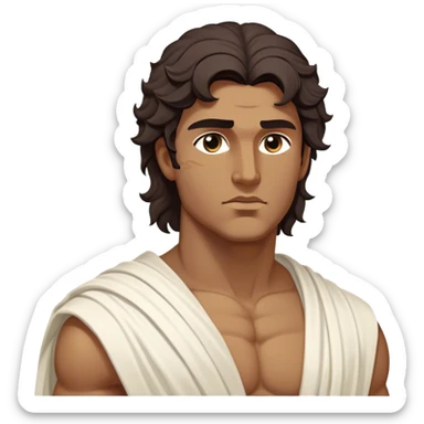 Cinematic Realistic Hercules Portrait, depicted as a classical Greek statue with a robust, muscular build and perfectly chiseled features. His bronze, sun-kissed skin has a timeless, marble-like quality, and his thick, wavy dark hair frames a face exuding determination and quiet nobility. Draped in a flowing white robe with subtle golden accents, the portrait is rendered under dynamic natural lighting that highlights every sculpted detail and evokes the majesty of ancient myth. sticker