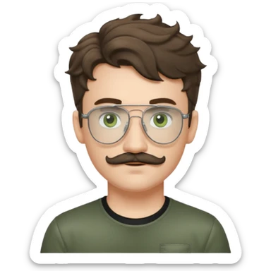 Light brunette wavy haired young man with pale skin and metal aviator glasses. Eyes are greenish grey and he has a moustache. Black t-shirt. sticker