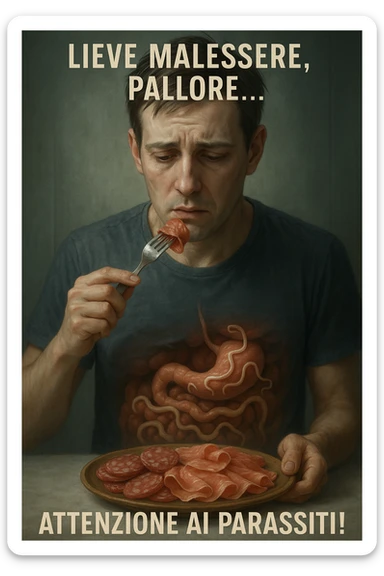 vertical realistic cinematic illustration of a man eating sliced cured meats, with a gradual appearance of intestinal parasites and early symptoms of malaise, clinical atmosphere, dramatic lighting, Italian captions, aspect ratio 2:3 sticker
