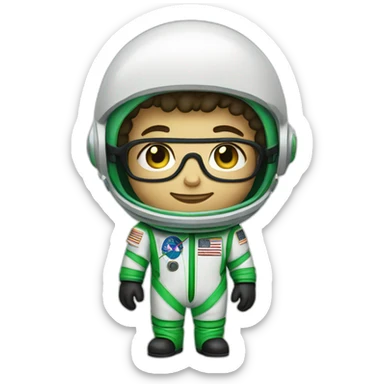 Light skinned Boy with black short curly hear and beard and glasses wearing a green and white astronaut suit sticker