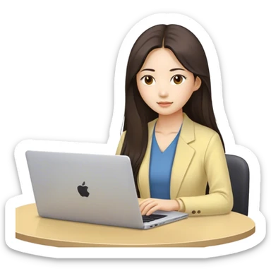 Long hair asian woman working on pale yellow laptop with brown eyes in meeting  sticker