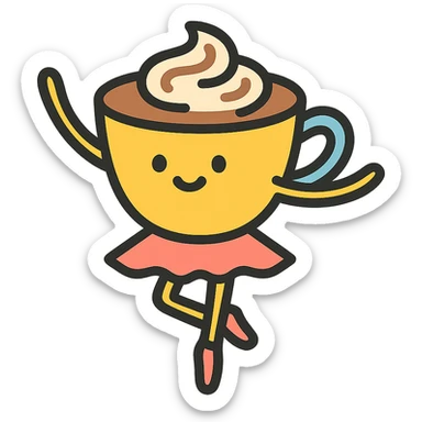 a cappuccino cup dancing ballet, pinkish-orange accents, icon style sticker