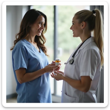 realistic image of a woman receiving a supplement prescription from a doctor after detecting a deficiency, outpatient environment, professional details, reassuring atmosphere sticker