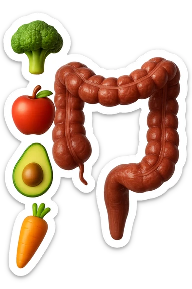 emoji stile iphone in 3d di cibo sano che fluttua in aria vericalmente insieme a pezzi di colon umano anatomico, iperrealistico 4k sticker
