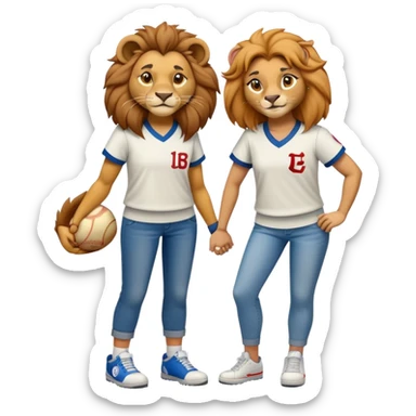 confident anthropomorphised female lion wearing a baseball shirt, jeans, and trainers, showing comfort and support to another character sticker