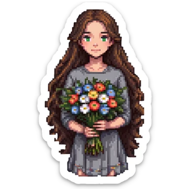 Cool girl with long brown hair holding a bouquet of flowers sticker