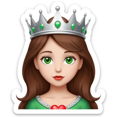 heart Girl with brown hair, green eyes, silver crown and red heart sticker