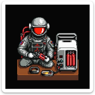 a SNES box art image of a man in a heavy EOD protective milsuit, using pliers in his hand to repair a toaster with three red tubes connected to it. Cutscene graphic sticker