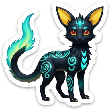 Shiny Fiery Dark Glowing Ethereal Eldritch Cool Edgy Badass Punky Aural Iridescent Fluorescent Bioluminescent Umbreon-Amaura-Salandit-Litten-Flareon-Fakémon-fusion (full body) with intricate pattern markings sticker