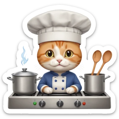Katze mit koch mütze steht am herd und kocht sticker