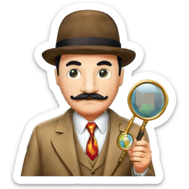 Icon for Detective Poirot: A colorful collage featuring Hercule Poirot in his iconic suit, with a mustache and a magnifying glass. Include a dark, mysterious city background and subtle clues like fingerprints or a crime scene. Retro movie poster style. Transparent background. sticker