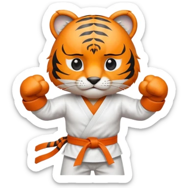 cute tiger doing karate portrait, head and shoulders only, wearing white gi uniform, black belt visible, fierce expression, 3D cartoon, mobile game icon style, clean background, no text, no watermark
 sticker