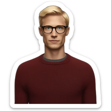 blond man confident persol glasses dark red pullover sticker