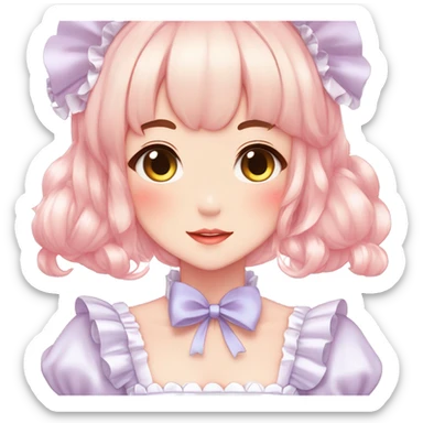 Gorgeous anime style lady blushing face maid outfit Lolita idol model colorful shiny sparkle kawaii pastelcore cottagecore pearly petite simplistic aesthetic trending style sticker