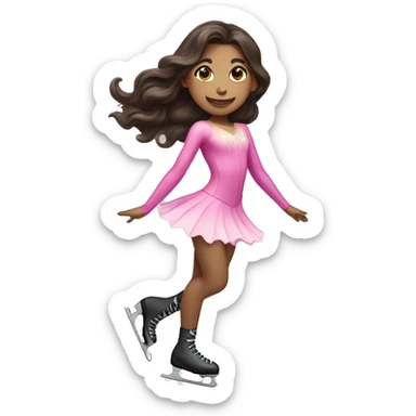 Girl with long dark brown wavy hair and a pink figure skater outfit on Ice skating  sticker