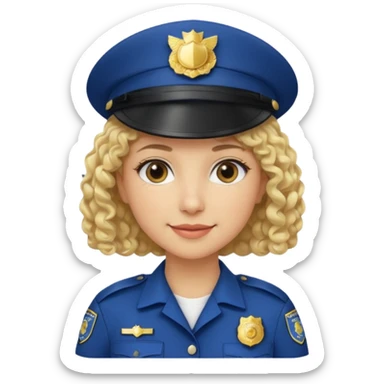 A light-skinned woman with short curly blonde hair, wearing a navy police hat with a badge, and a calm smile. sticker