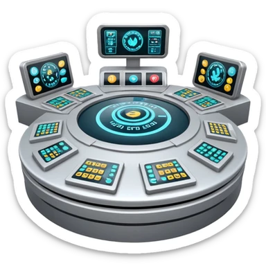 Circular control room with radial displays and consoles sticker