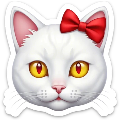 white cat, yellow nose, red bow on right ear sticker